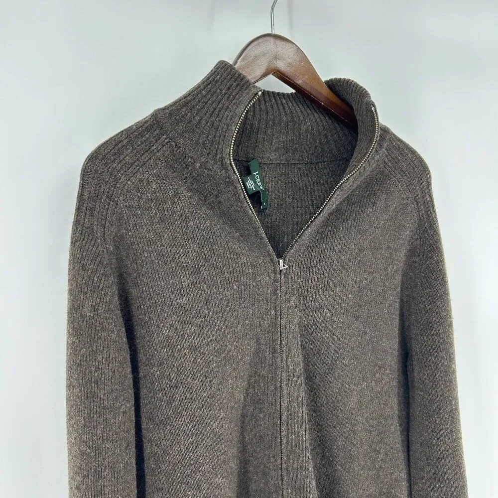 J.Crew 100% Lambswool Full Zip Cardigan Woman's L Brown Chunky Sweater Granny